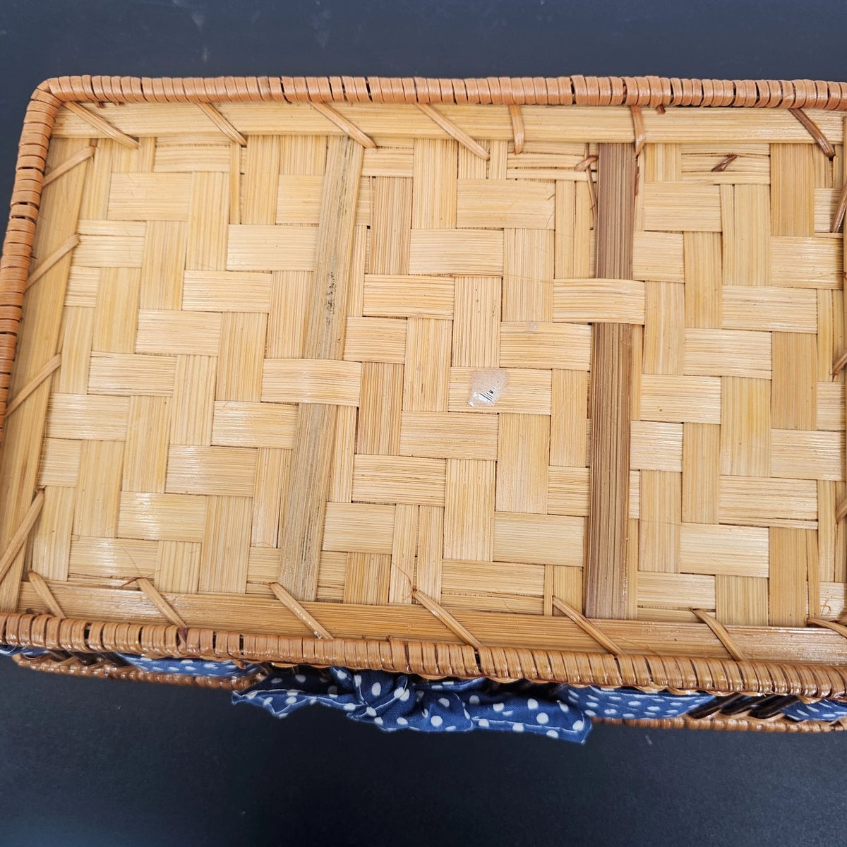 Wicker Wooden Basket Goose Liner Blue Polka Dot Country Kitchen Storage 12"