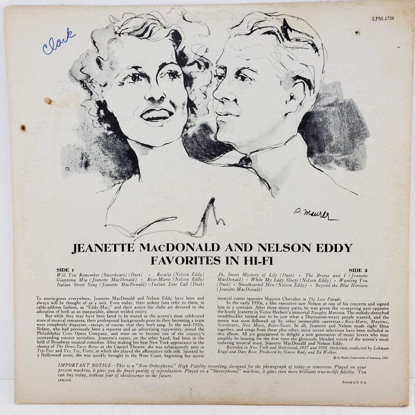 Jeanette MacDonald Nelson Eddy Favorites Vinyl LPM 1738 RCA 1959