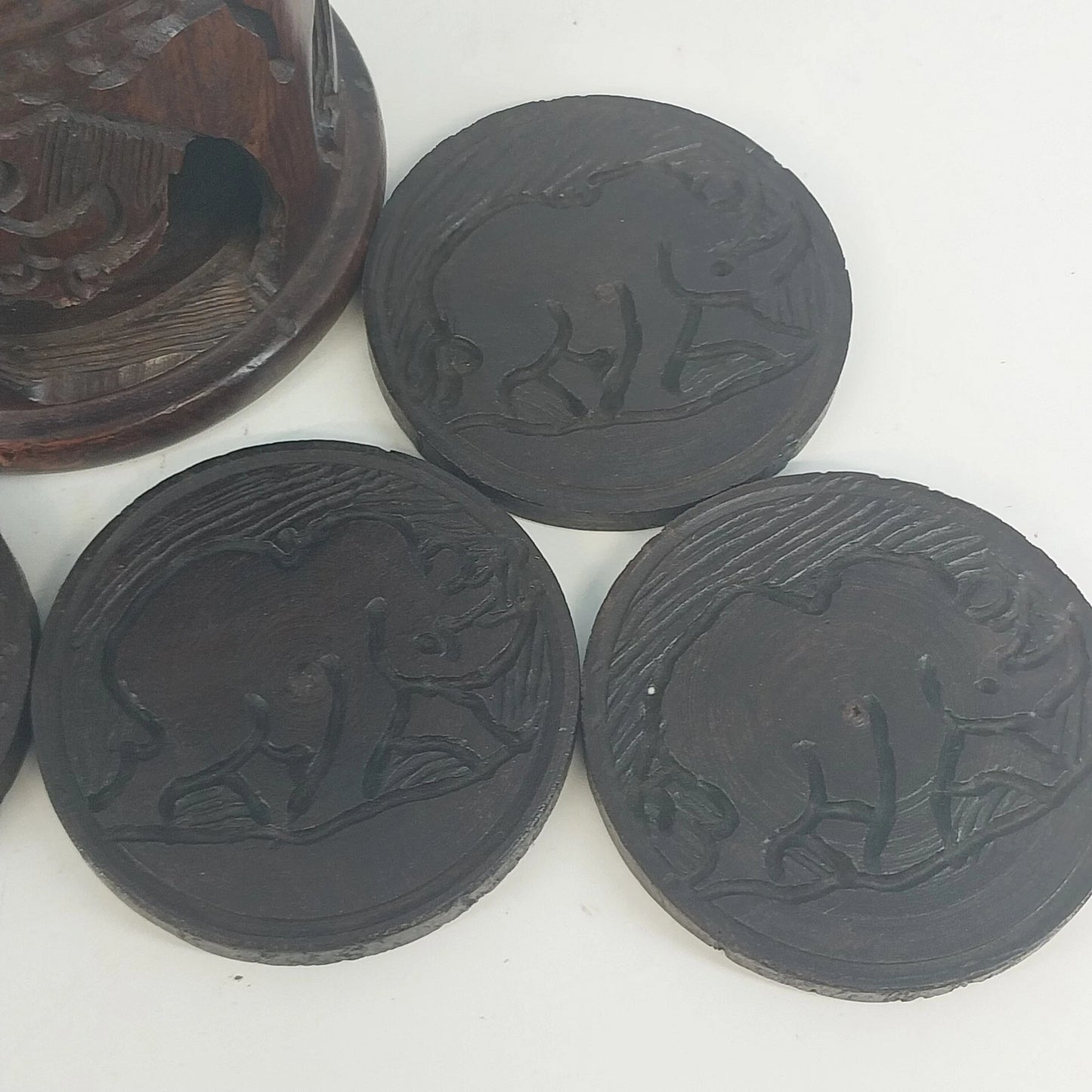 Hand Carved Wood Elephant Coaster Storage & Lid Set African Safari Barware Vtg