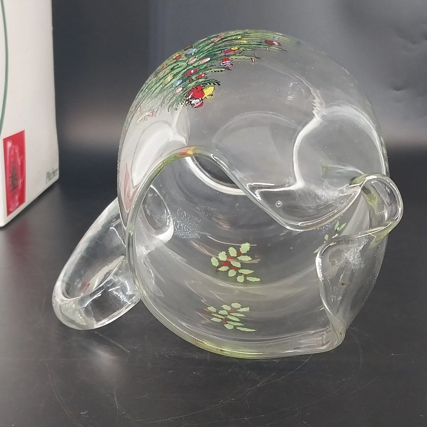Spode Christmas Tree Santa Holly Clear Glass Ice Lip Pitcher 2½ Qt 10½" Vintage