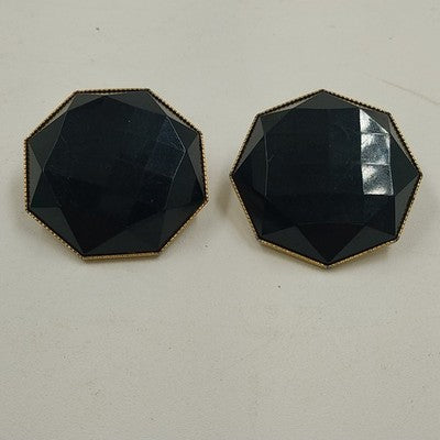 Gold Tone with Faceted Blacks Faceted Bead Octangle Clip On Earrings Jewelry
