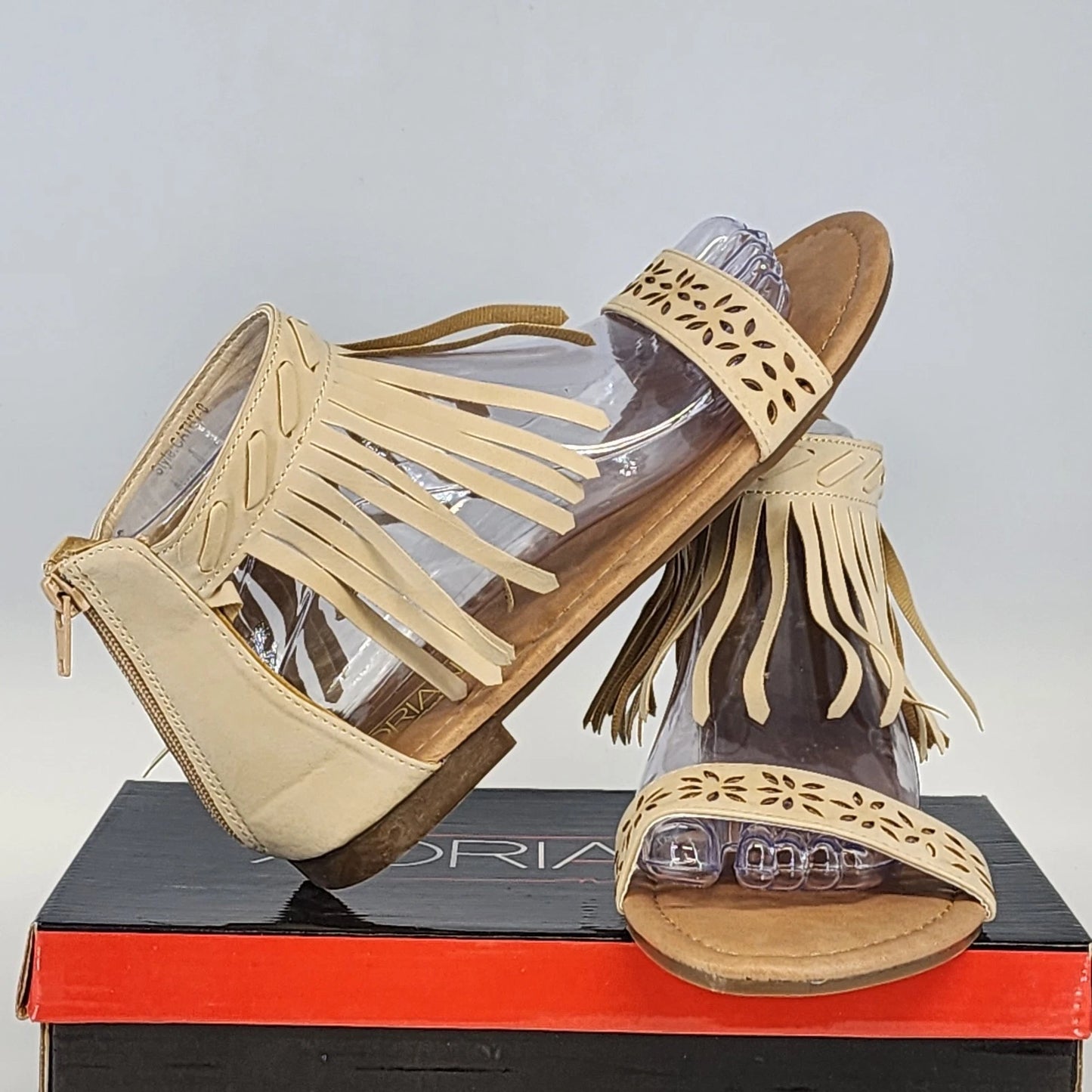 Adrianna Cathy-8 Beige Gladiator Sandals Women's 8 Fringe Ankle Height Zip NIB