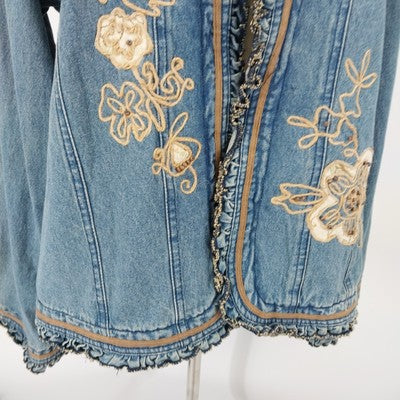 Country Door Denim Jacket 1X Women’s Blue Embroidered Long Sleeve Ruffled Hem