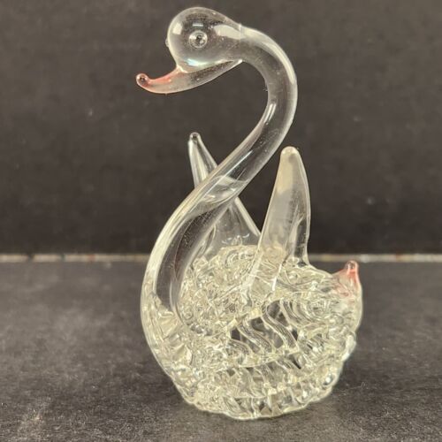 Hand Blown Swan Clear Layered String Glass Miniature 2.5” High Color Accents