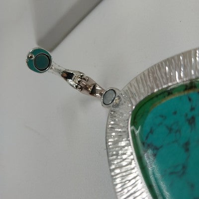 Silver Tone Turquoise Pendant Necklace Marbled Stone on Black Leather Cord