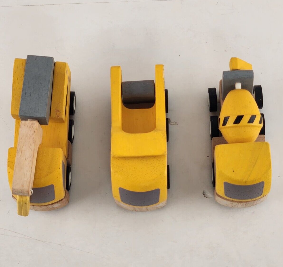 3 Plan City Wooden Toy Trucks Cement Dump and Crane Trucks 3" Long Rubber Tires