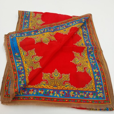Oscar de la Renta Vintage Silk Red Scarf 10"x50" Blue Geometric Arabesque Signed