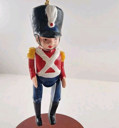 Toy Soldier Christmas Ornament 1980s Hand Painted Joint Movable Arms Legs 4"