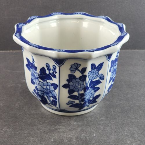 Blue White Pottery Planter Bowl Porcelain China Asian Print Flowers 4-1/2"