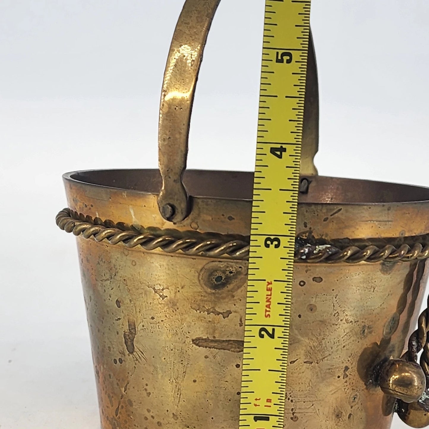 Kirklands Brass Bucket Basket 5" Rope Twist Around Body Tooled Handle Vintage
