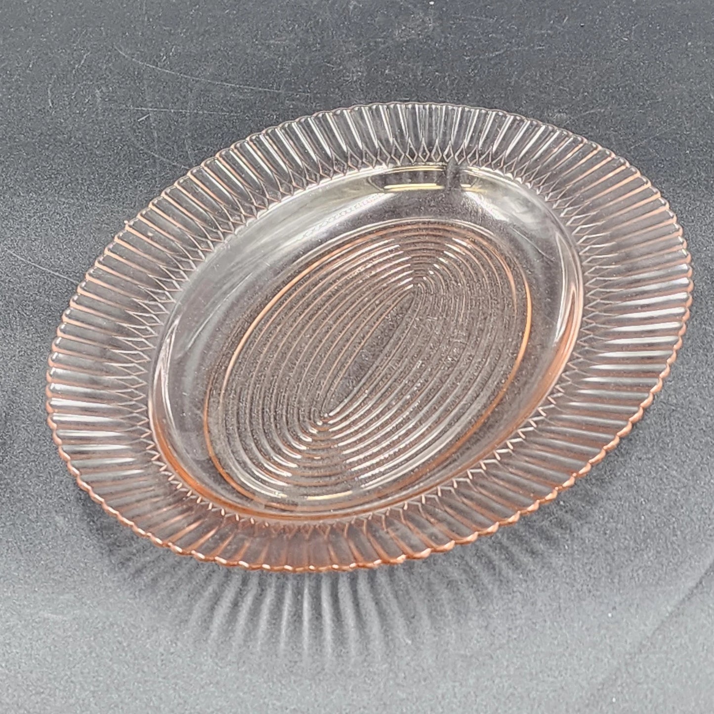 Pink Depression Glass Oval Platter Texture Ring Design Ruffle Edge MacBeth-Evans