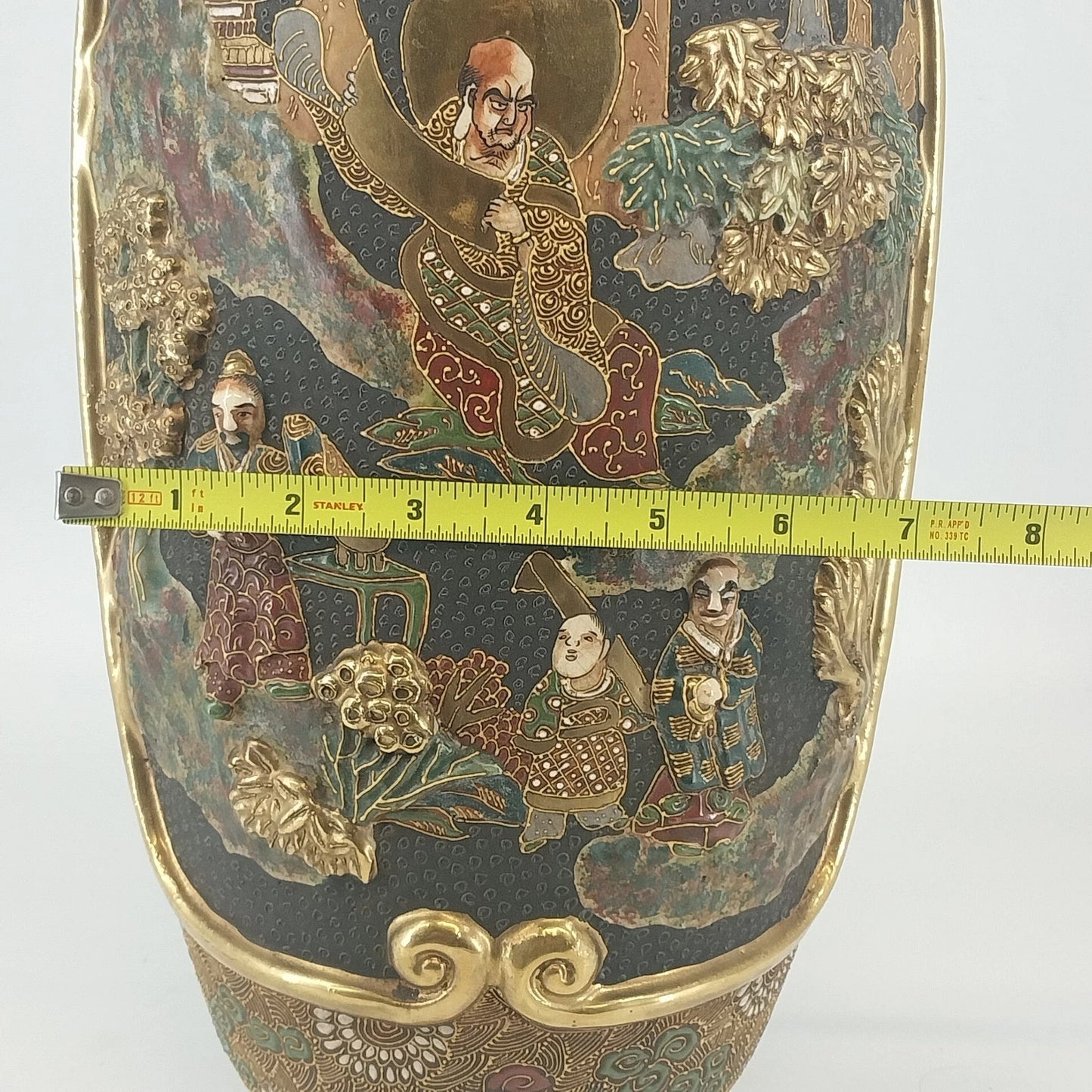 Japanese Moriage Satsuma Vase Lamp Base Gold Gilt Raised Relief 14.5" Antique