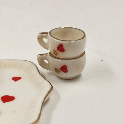 10pcs Miniature Tea Set White Red Heart Chintz Decal Gold Trim 4.5"x3" Taiwan