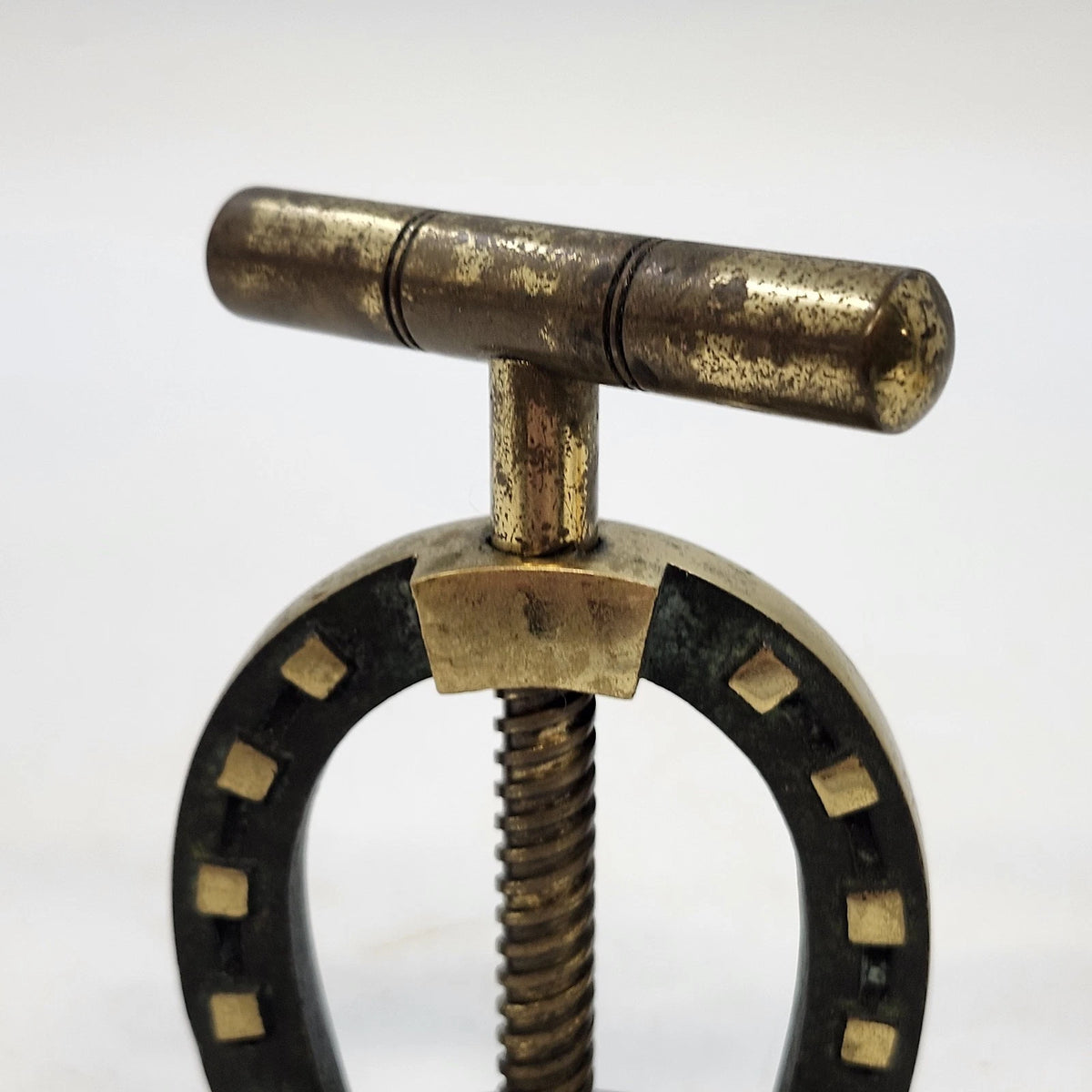 Horseshoe Screw-Down Nutcracker Gold Tone Metal T-Handle Tabletop 3.5" Patina