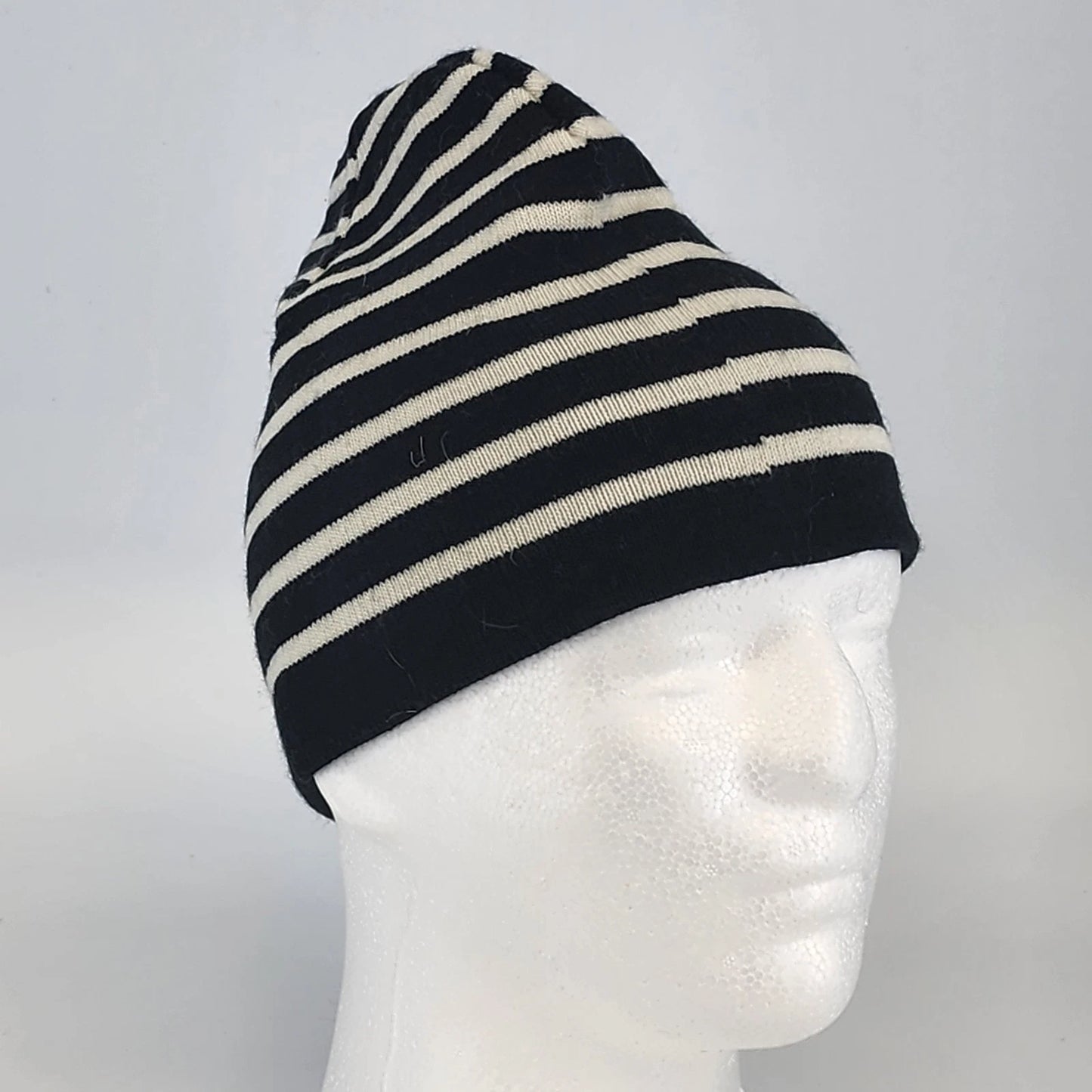 Black White Striped Knit Beanie Hat One Size Unisex Handcrafted Style Winter Cap