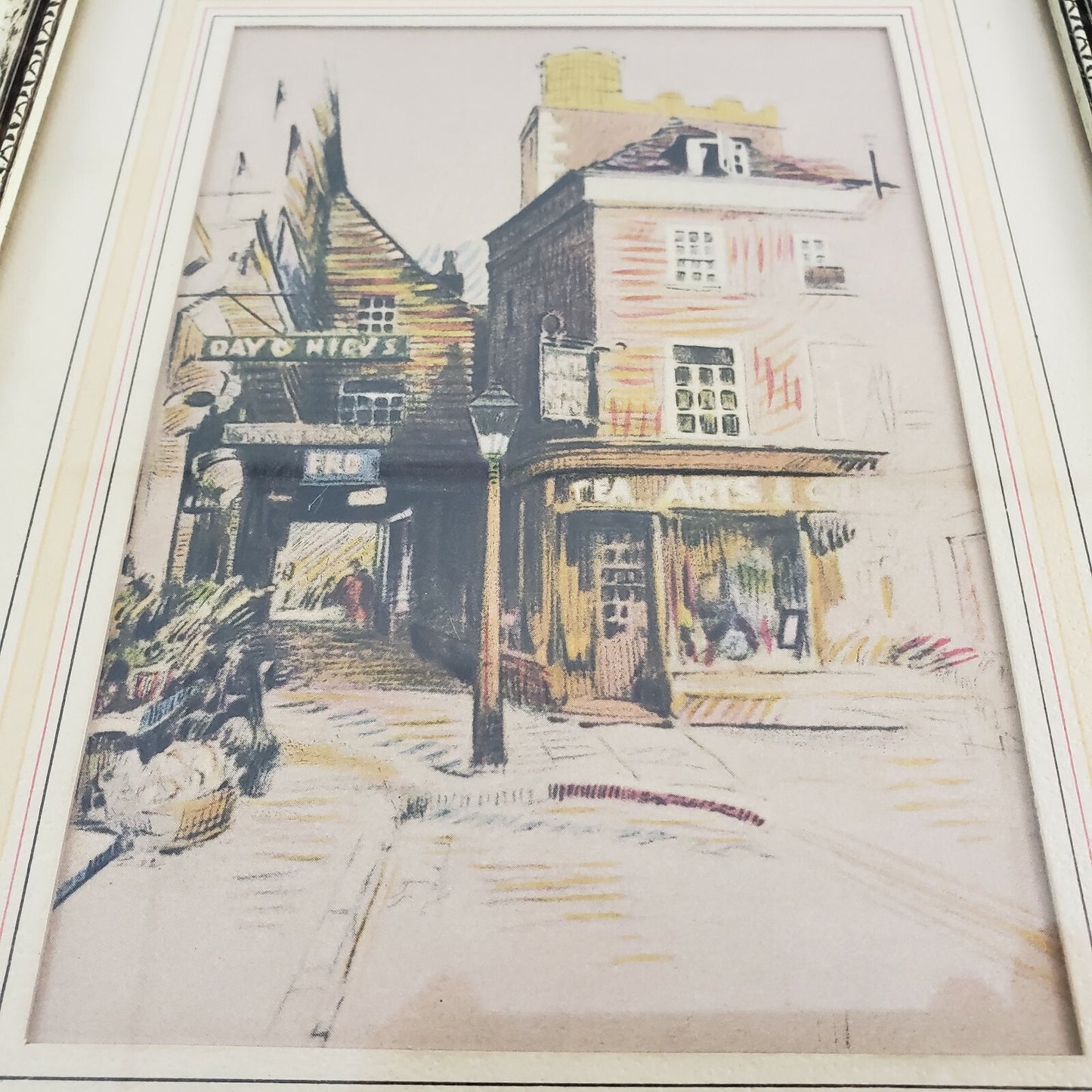 The Square Artwork Village Street Scene Colored Pencil Print Framed Matted 9.75"
