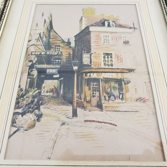 The Square Artwork Village Street Scene Colored Pencil Print Framed Matted 9.75"