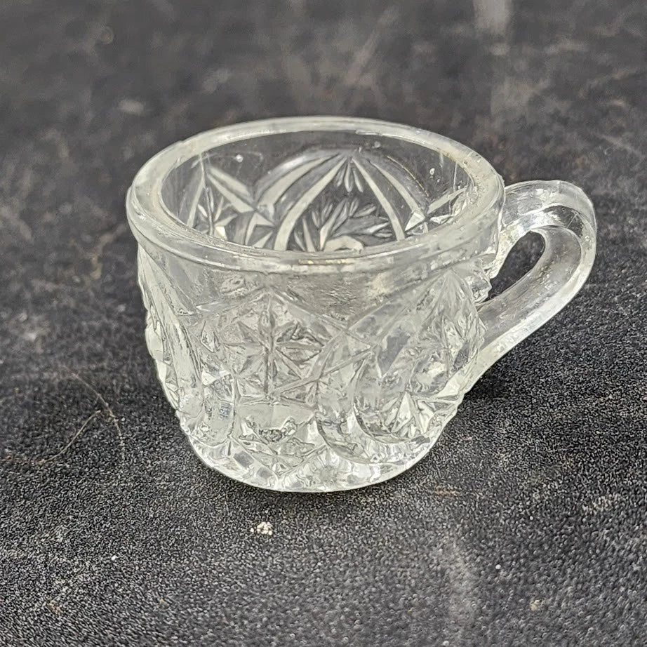 EAPG Pedestal Mini Punch Bowl Clear Glass Spinning Star US Glass 5 Mini Cups Vtg