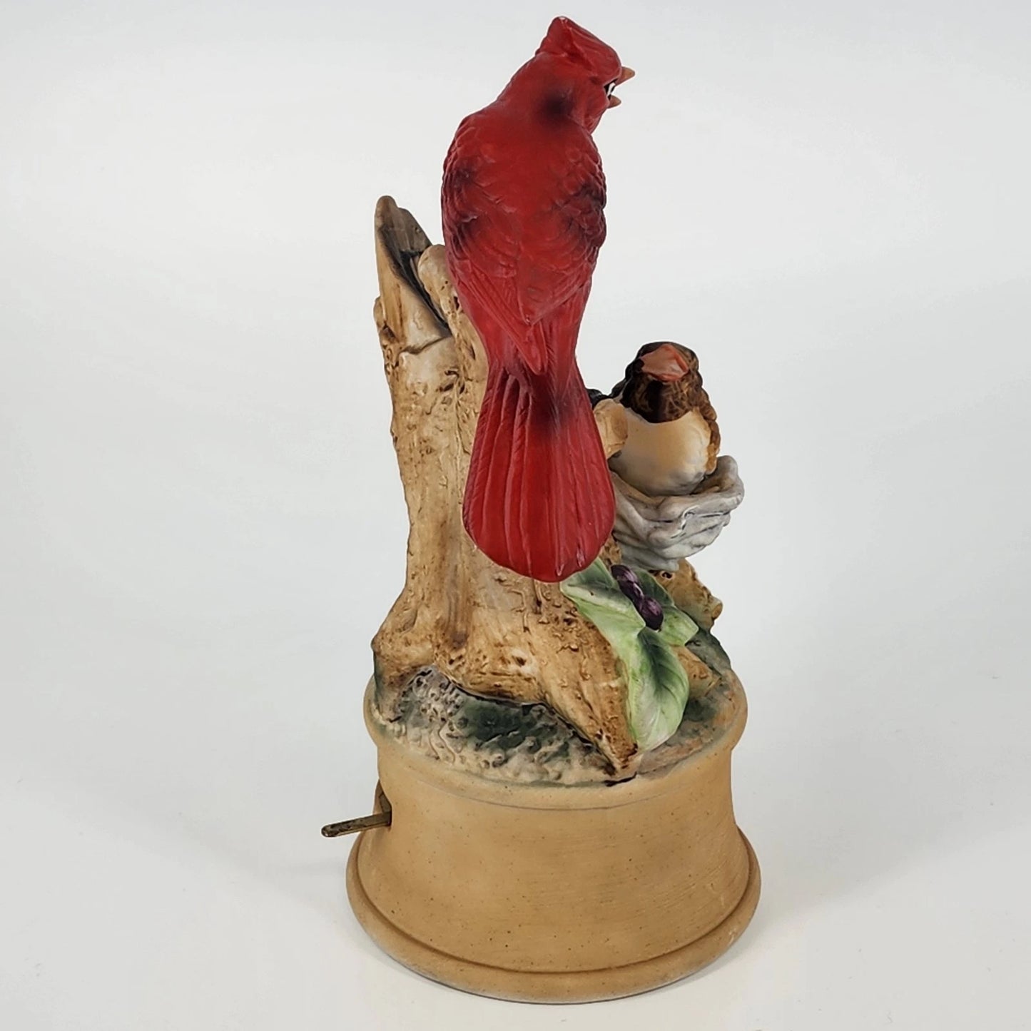 Cardinal & Baby Bird Music Box Figurine Red Bird Family Tree Stump Ceramic 8"