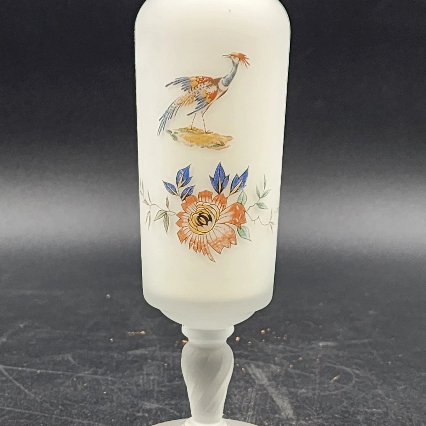 Norleans Vase 10" Hand Painted Bird & Floral Frosted Satin Art Glass w Gold Trim