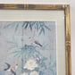 Framed Asian Silk Painting Birds & Flowers 13x17 Faux Bamboo Frame 1993