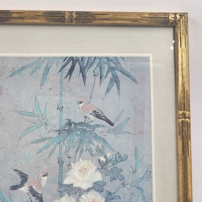 Framed Asian Silk Painting Birds & Flowers 13x17 Faux Bamboo Frame 1993