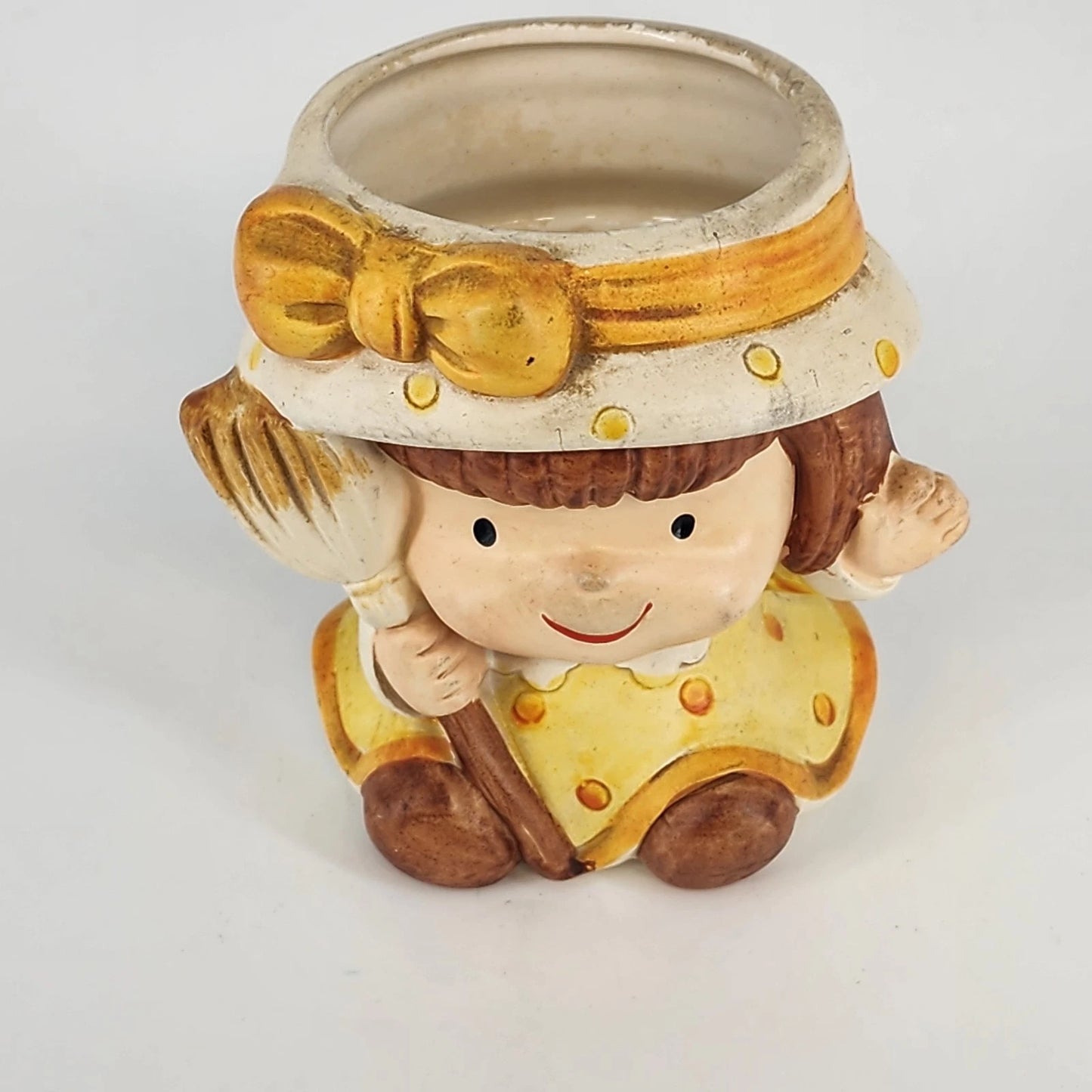 Inarco Planter Little Girl & Broom Ceramic Vase Japan E-2495 Kitsch 1960's Vtg