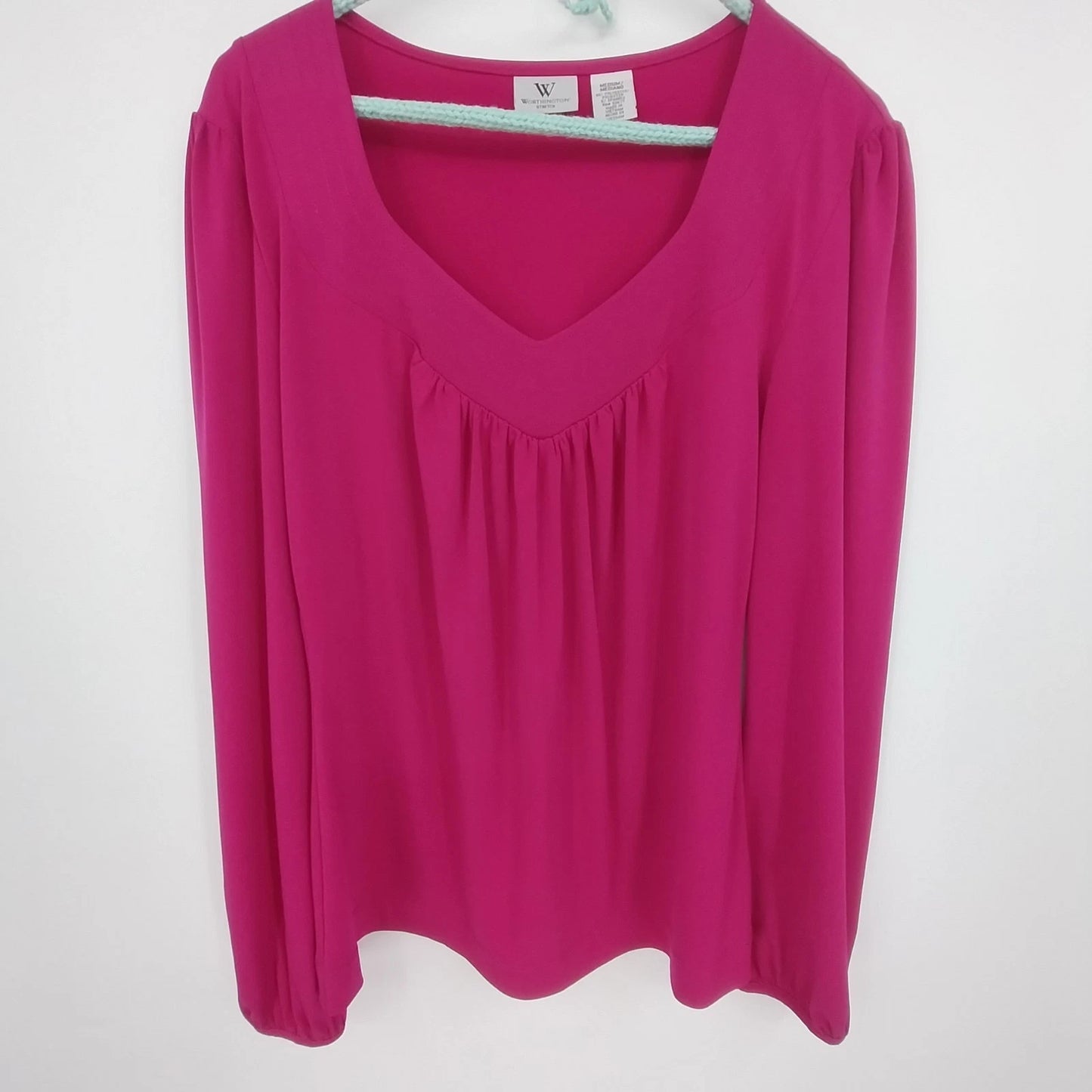 Worthington Pink Gathered Front Blouse Women Med Stretch V Neck Top Long Sleeve