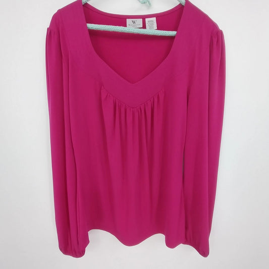 Worthington Pink Gathered Front Blouse Women Med Stretch V Neck Top Long Sleeve