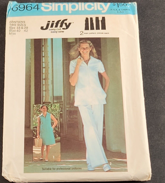 Simplicity 6964 Vintage Sewing Pattern '70s Women Jiffy Dress or Top Size 18 20