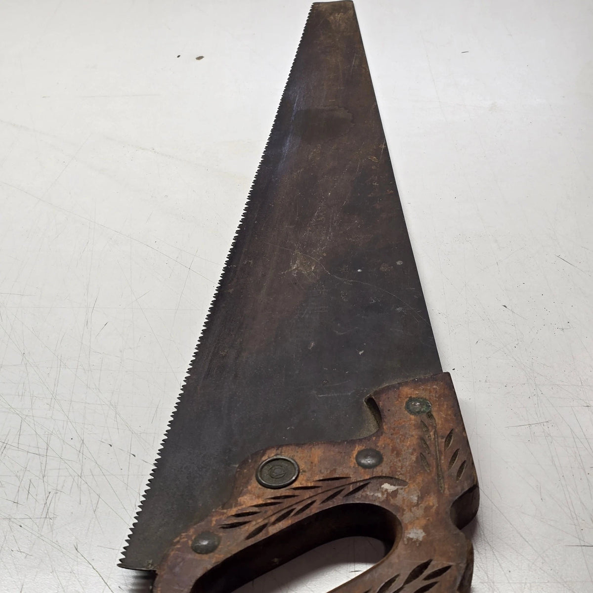 Warranted Superior 26" Crosscut Hand Saw Wheat Carved Wood Handle Vintage