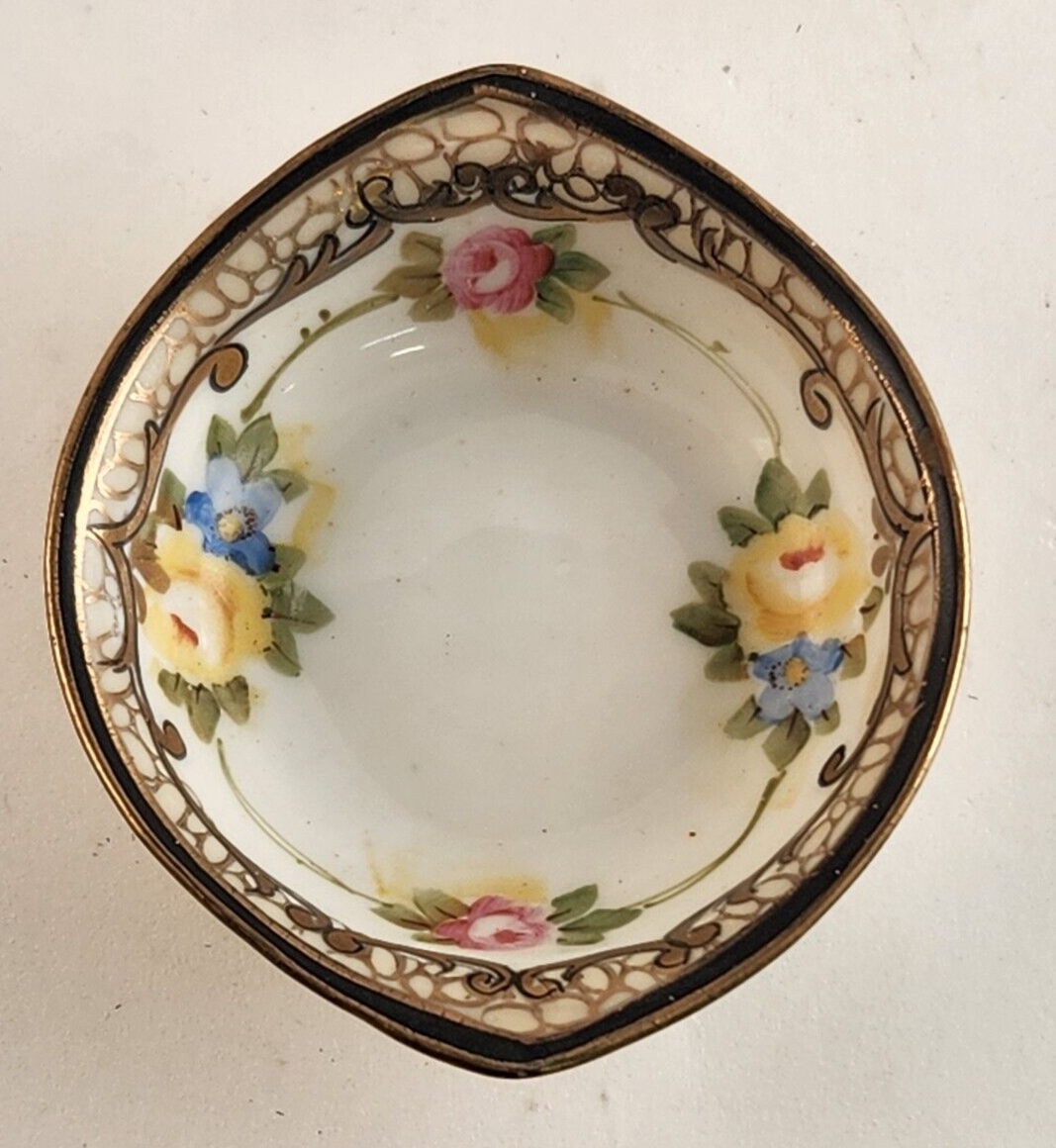 Nippon China Salt Cellar Trinket Dish Hand Painted Gold Floral Butter Pat Bowl