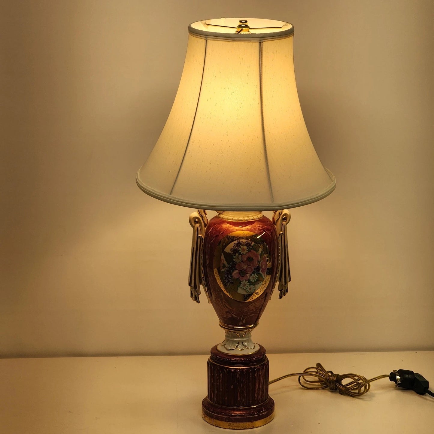 Italian Porcelain Table Lamp Urn on Pedestal Style White Bell Shaped Shade Vtg