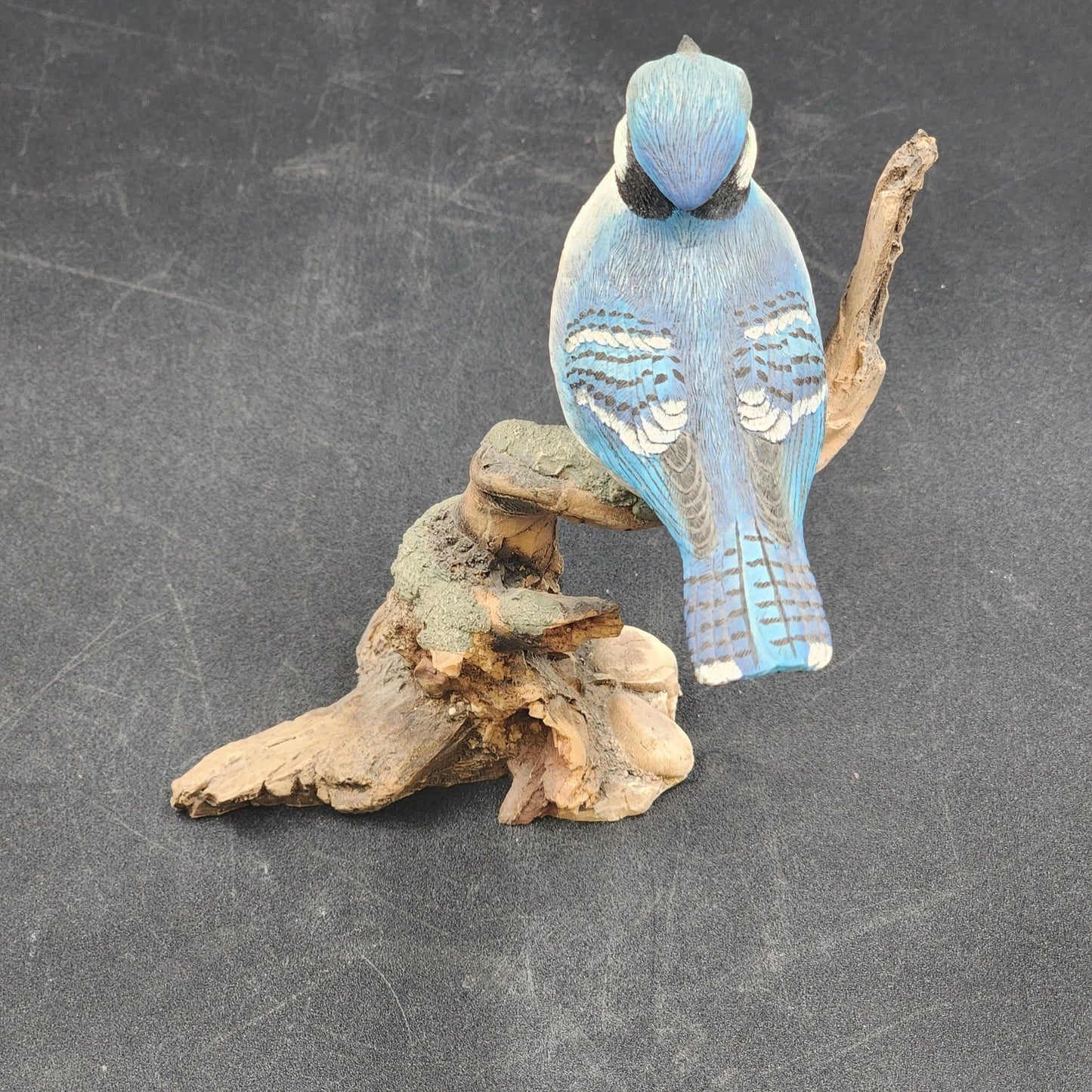 Molded Painted Blue Jay Bird Sculpture Resin 5.5" Perched On Branch Figurine Vtg