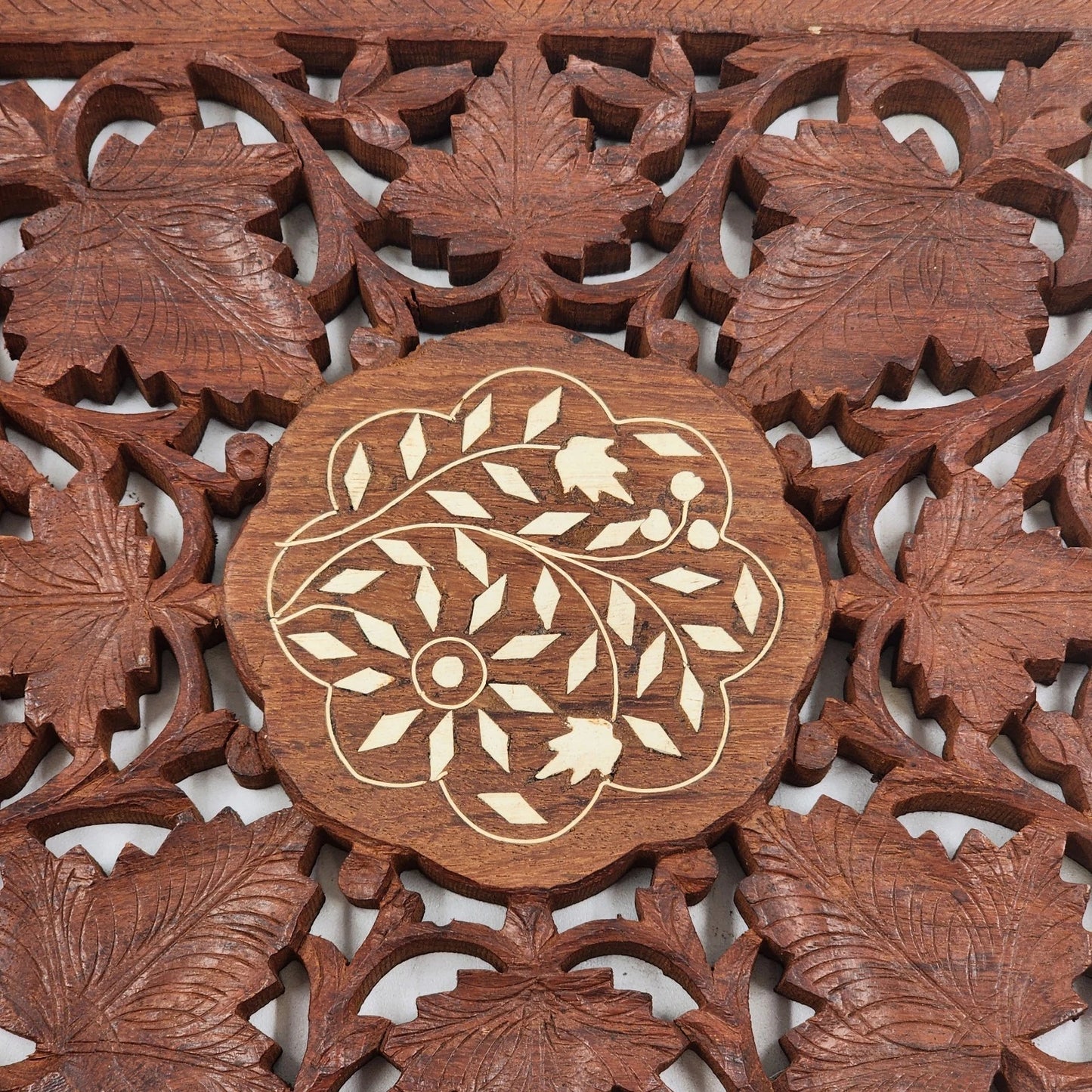 Hand Carved Wood Trivet 8" Square Gold Inlay Floral Leaves Design India Vintage