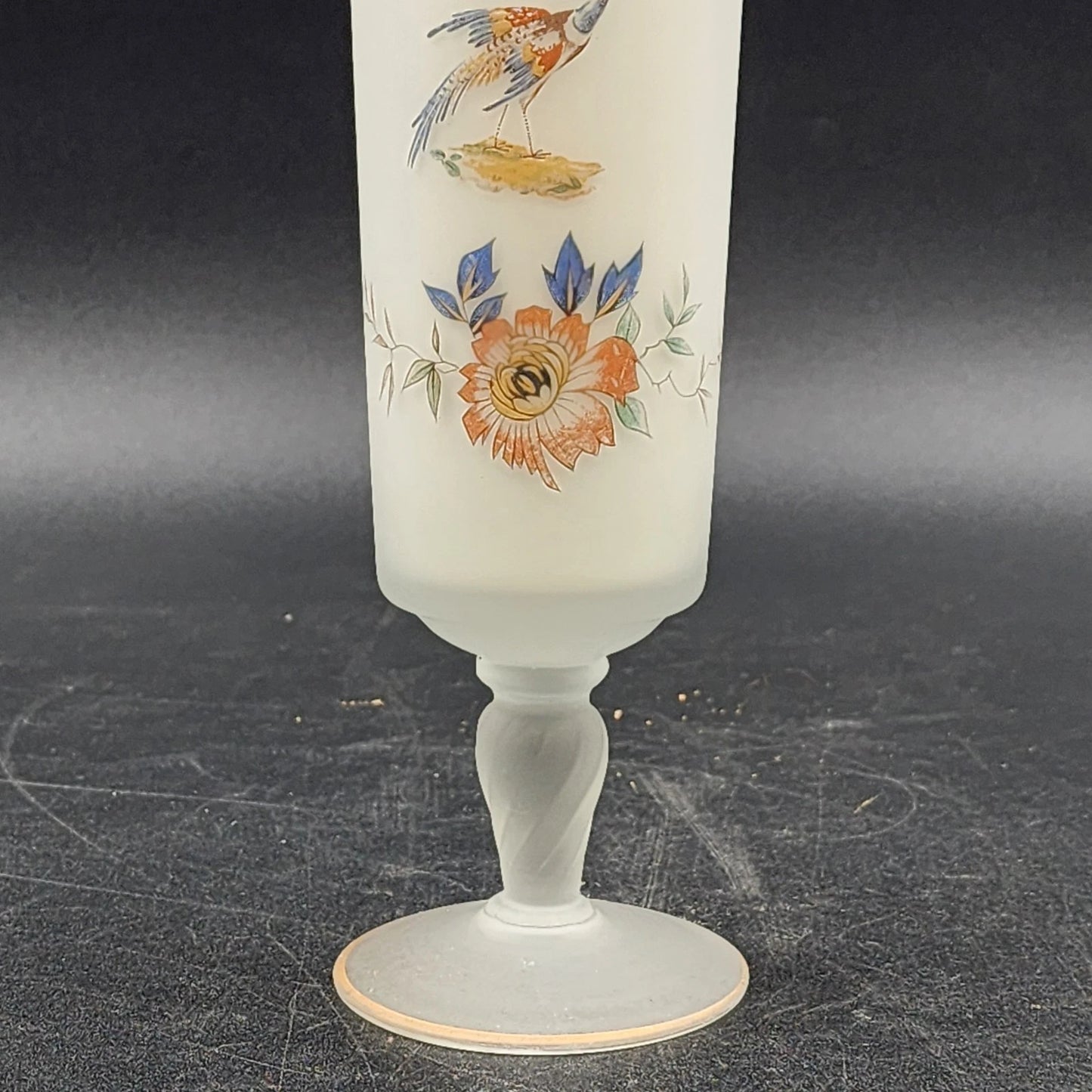 Norleans Vase 10" Hand Painted Bird & Floral Frosted Satin Art Glass w Gold Trim