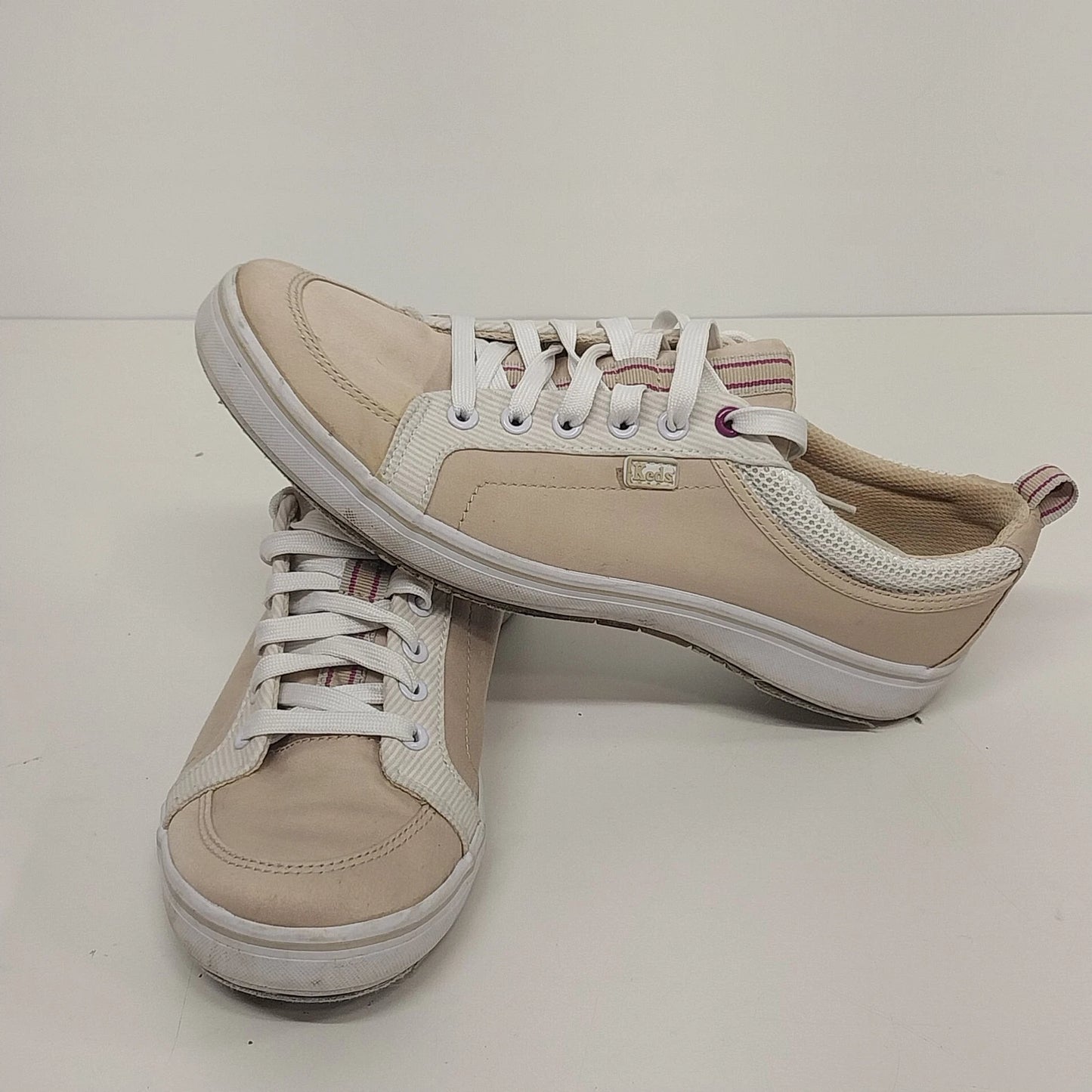 Keds Canvas Sneakers Women Size 8.5 Tan Plum Lace Up Ticking Stripe Casual Shoes