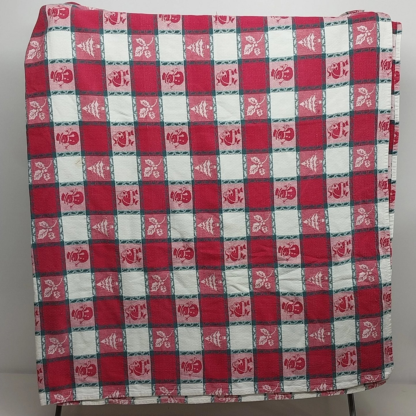 Christmas Woven Checkerboard Tablecloth Santa Snowman Red Green 52" x 72"