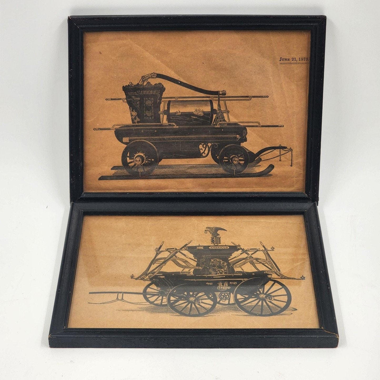 2 Firefighting Art Prints Horse-Drawn Fire Engine & Hand Pump Cart Wall Decor 1
