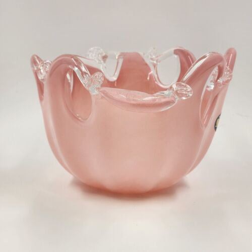 Murano Glass White Crystal Pink Bowl Handmade Italy Italian Blown Glass Oblong