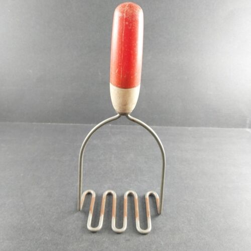 Metal Potato Masher Red White Plastic Handle Metal Smasher 1940s Kitchen Utensil