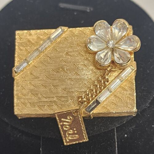 Gold Tone Brooch Rhinestones Flower Gift Box Christmas Noel Tag Pin VTG AS IS