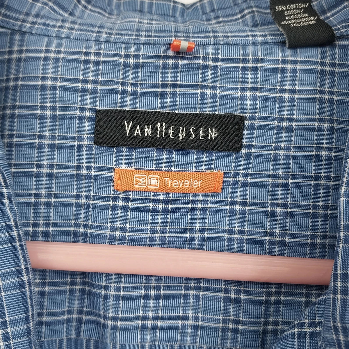 Van Heusen Traveler Plaid Button-Up Shirt Blue Men's XL 17–17.5 Long Sleeve