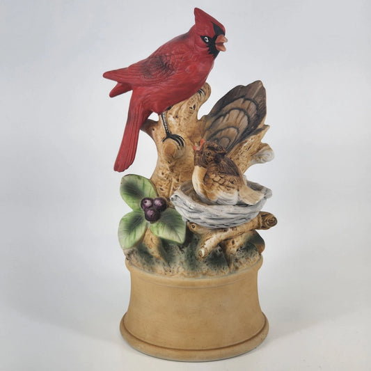 Cardinal & Baby Bird Music Box Figurine Red Bird Family Tree Stump Ceramic 8"