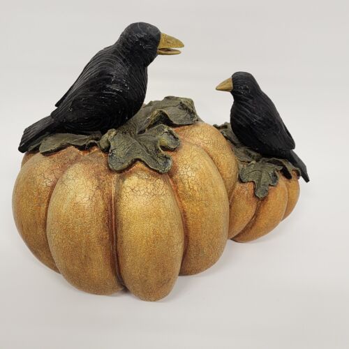 3 Pumpkins and 2 Black Crows Resin Figurine Decoration Autumn Halloween 12" Long