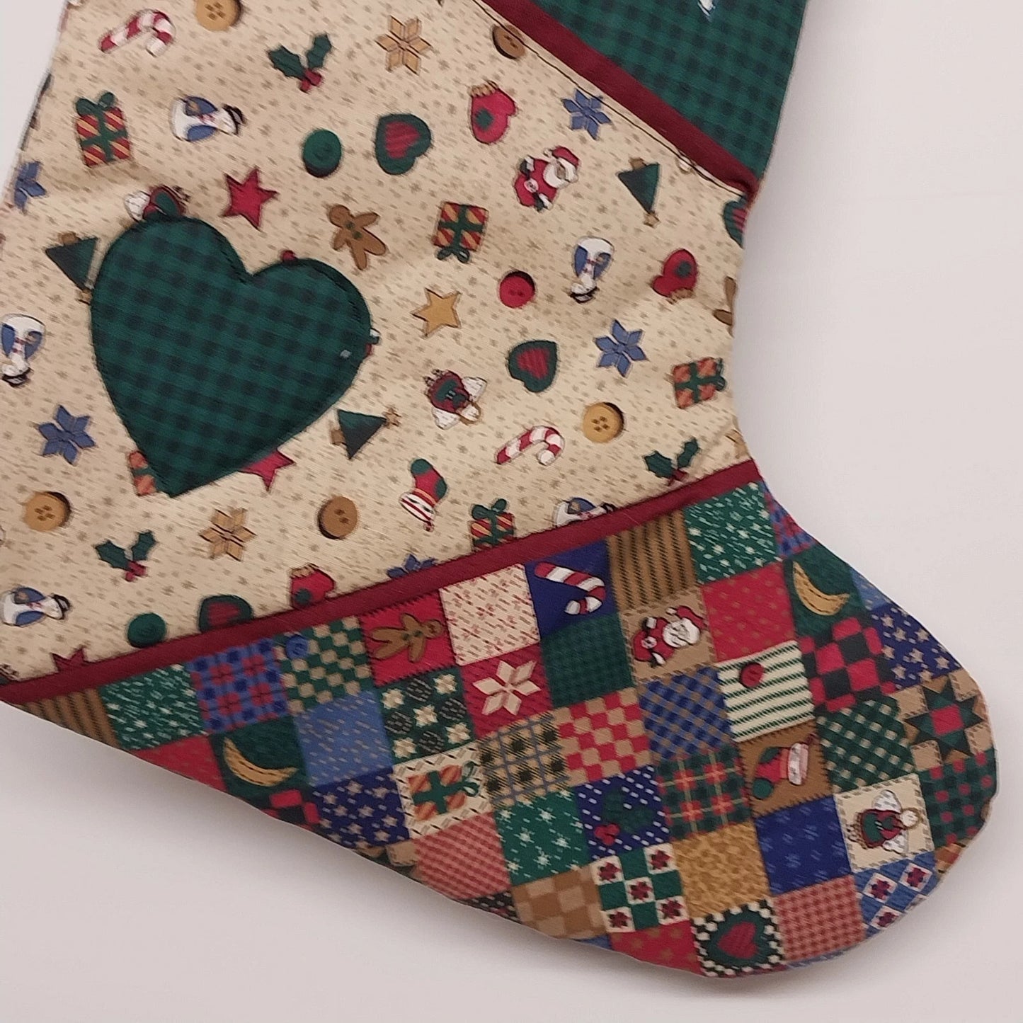 Homespun Holidays Christmas Stocking Patchwork Cotton Heart Lace Button 15" Vtg