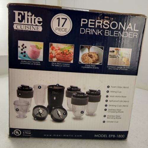 Elite Cuisine EPB-1800 Personal Blender 17 Piece Set New Sealed