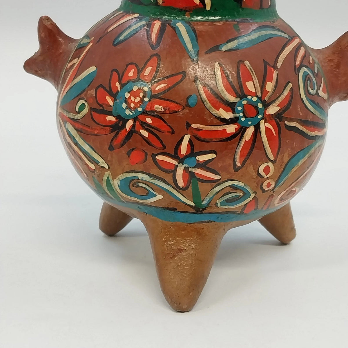 Hand Painted Floral Terracotta Tripod Vase Mexican Pottery Brown Multicolor 6.3"