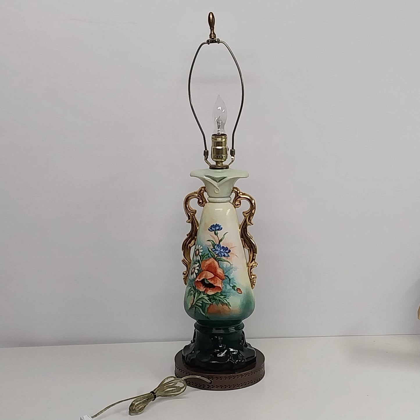 Hand Painted Urn Table Lamp Floral Pansy Gold Trim 30 Inch Vintage
