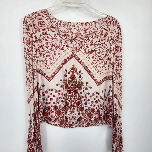 Women's Boho Embroidered Crop Top White with Reddish Floral Long Sleeve Blouse M